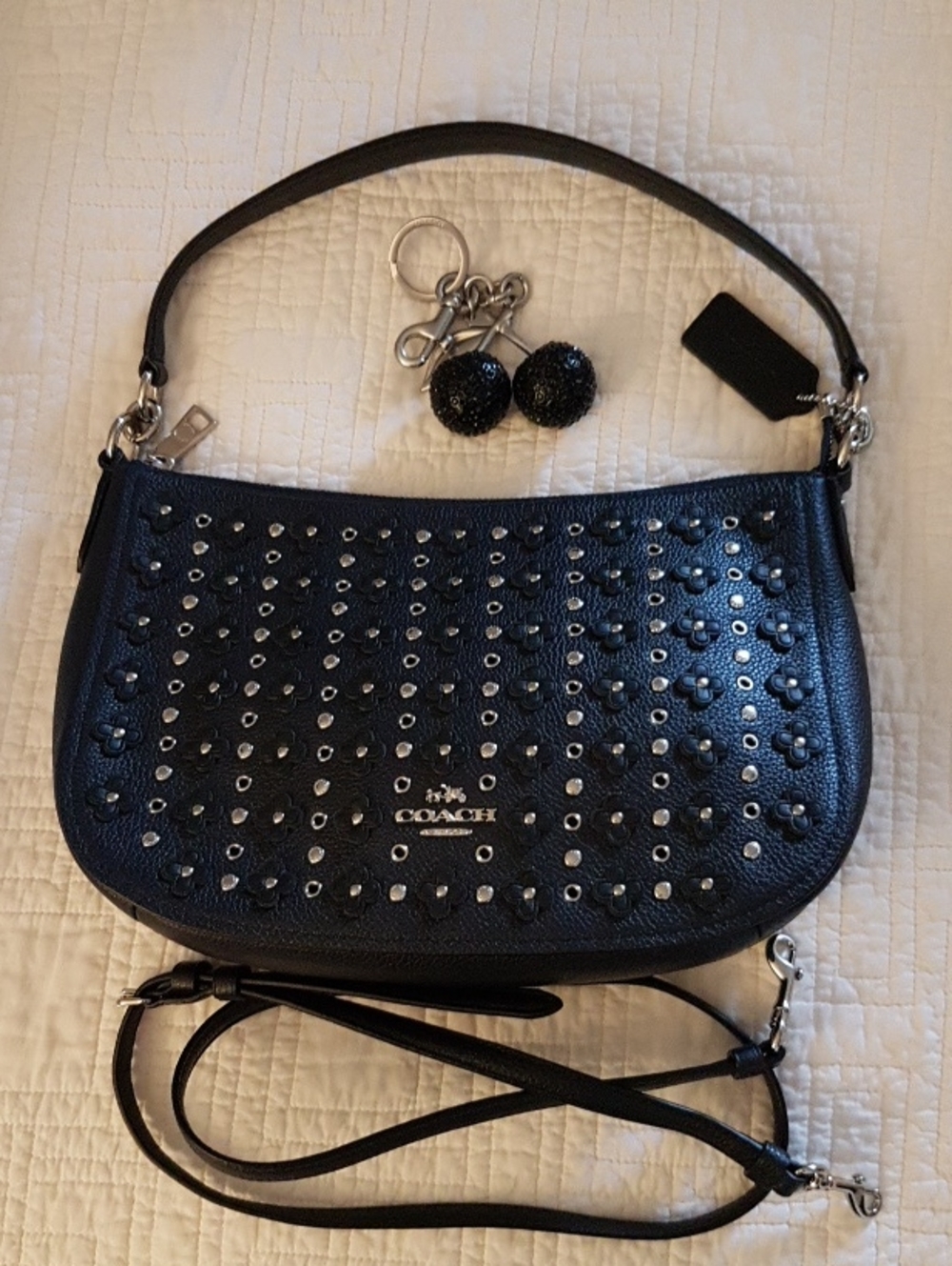 Coach Navy Blue Black Studded Flowers Shoulder Bag
